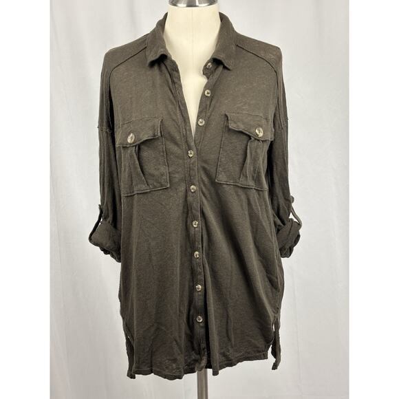 We The Free People Women’s S Brown Button Up Long Blouse 3/4 Sleeve Linen Blend - Picture 1 of 8
